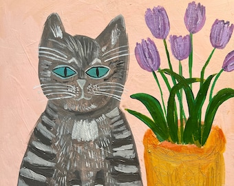 Tommy with tulips. Original oil painting by Vivienne Strauss.