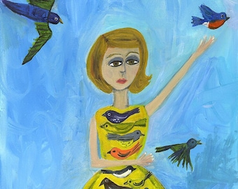 The little birds flew off, carrying all her little sorrows away.  Limited edition print by Vivienne Strauss.