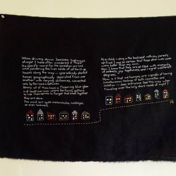 Night Driving. Original embroidered poem by Vivienne Strauss.