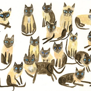 Twenty Siamese cats, all but one named Sam. Limited edition print by Vivienne Strauss.