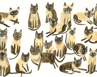 Twenty Siamese cats, all but one named Sam. Limited edition print by Vivienne Strauss.