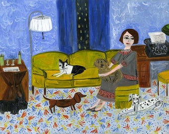 Dorothy Parker with her dogs at The Lowell, overcoming writer's block.  Limited edition print by Vivienne Strauss.