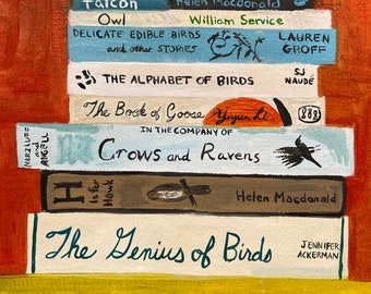 Bird Lover's Bookshelf. Original oil painting by Vivienne Strauss.