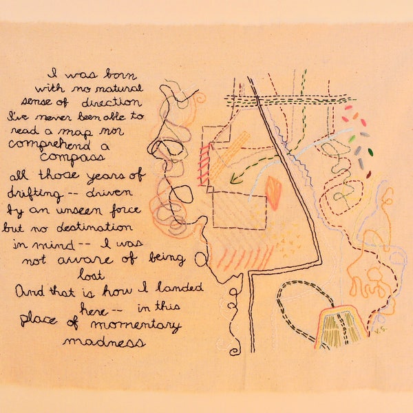 How did I get here?  Original stitched poem by Vivienne Strauss.