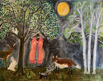 A gathering in the woods. Original watercolor painting by Vivienne Strauss.