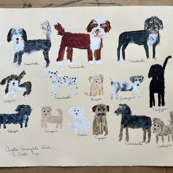 Another Incomplete Guide to Doodle Dogs. Original watercolor painting by Vivienne Strauss.