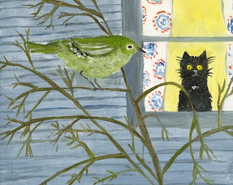 Birdie, watching birds. Limited edition print by Vivienne Strauss.