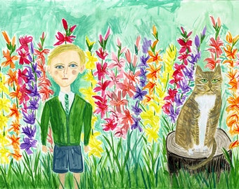 Bobby with gladiolus. Original illustration by Vivienne Strauss.