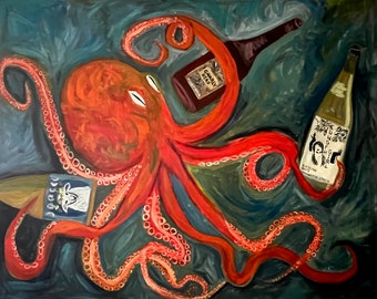Oktopus Weinliebhaber. Original Ölgemälde von Vivienne Strauss.