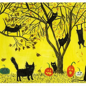 Autumn Cat Tree.  Original watercolor painting by Vivienne Strauss.