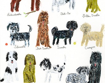 An incomplete guide to doodle dogs.  Limited edition print by Vivienne Strauss.