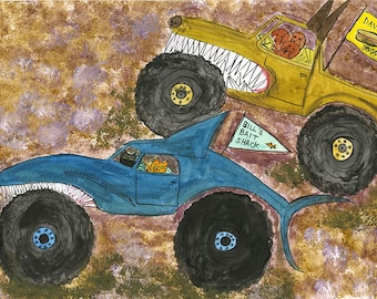 Monster Truck Mashup. Original watercolor illustration by Vivienne Strauss.