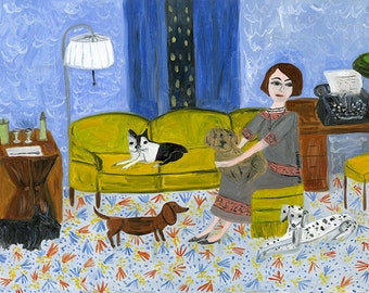 Dorothy Parker with her dogs at The Lowell, overcoming writer's block.  Limited edition print by Vivienne Strauss.