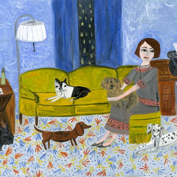 Dorothy Parker with her dogs at The Lowell, overcoming writer's block.  Limited edition print by Vivienne Strauss.