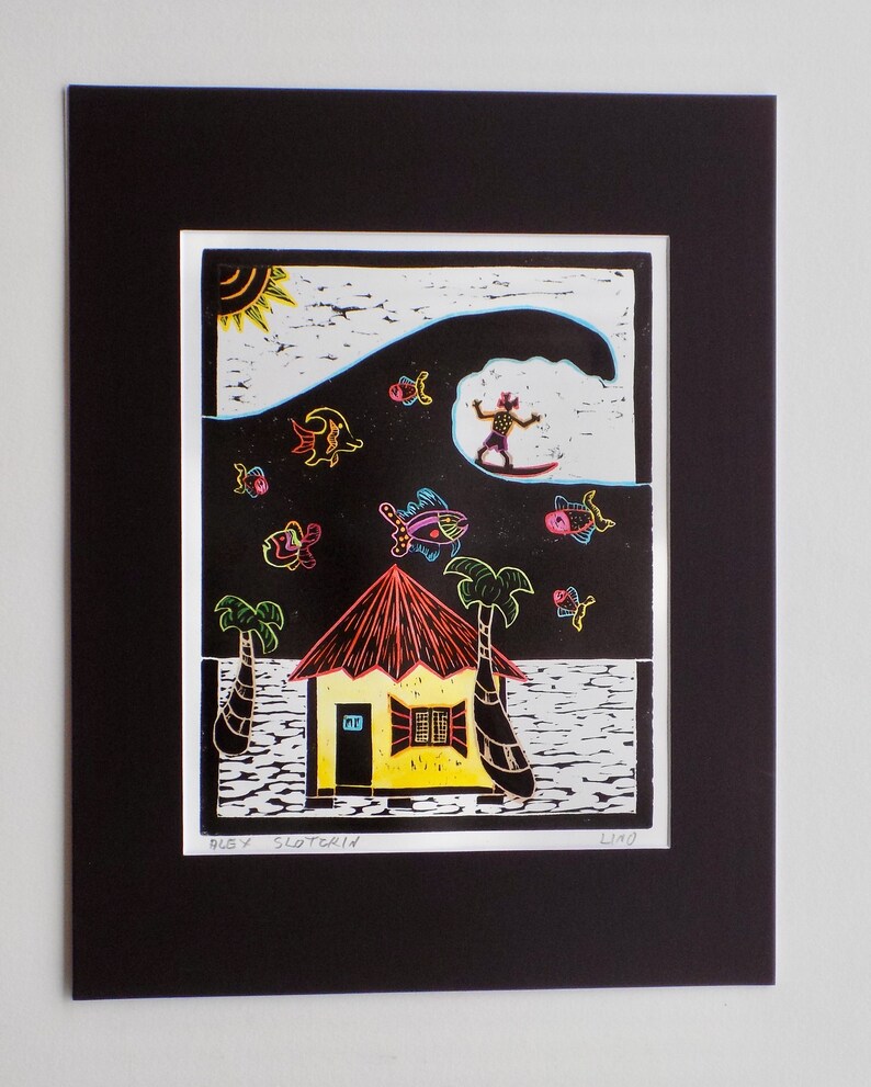 Linocut Print Hand Pulled Print. Printmaking.hand Colored Etsy