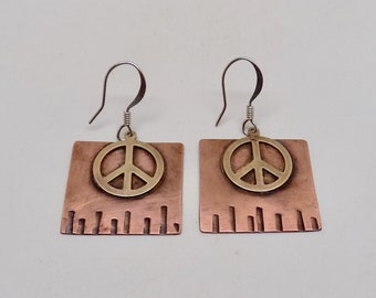 Mixed metal jewelry. Copper brass earrings. Steampunk jewelry earrings.Peace sign earrings.