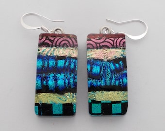 Dichroic glass dangle earrings.Tiny dangle earrings.