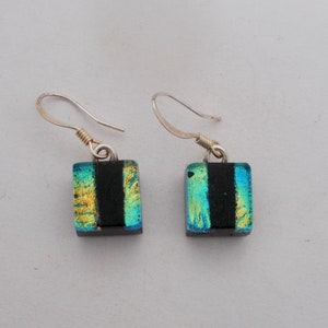 Tiny dichroic glass dangli earrings. Small dichroic earrings.