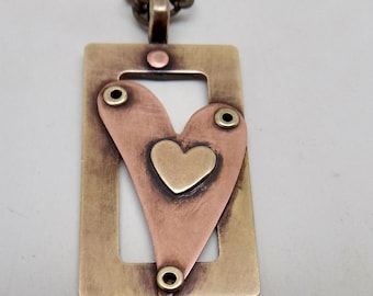 Mixed metal pendant. Steampunk pendant.heart pendant.