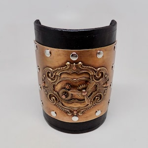 Steampunk Leather Cuff Bracelet: Patina Brass Gear Biker Bracelet