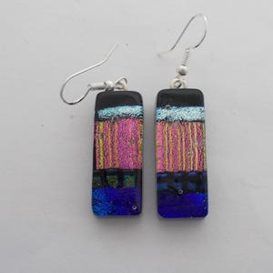 Dichroic Glass Earrings: Fused Black & Clear Glass, 1.25"