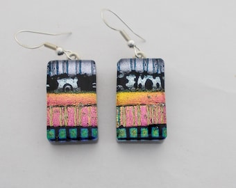 Dichroic Glass Dangly Earrings: Fused Black Glass