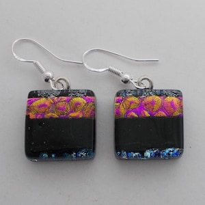 Dichroic glass dangle earrings. Tiny dichroic earrings.