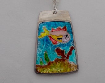 Closonne enamel jewelry reef fish pendant necklace.