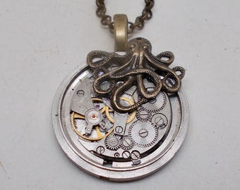 Steampunk Octopus Necklace: Pocket Watch Movement, Antique Brass Chain