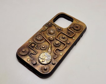 Steampunk iPhone 15 Pro Max Case, Brass Gears, Riveted, Patina Finish
