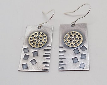 Mixed metal jewelry earrings .Sterling silver earrings . Stamped earrings.