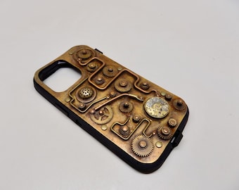 Steampunk iPhone 14 Pro Max Case: Riveted Brass Gears