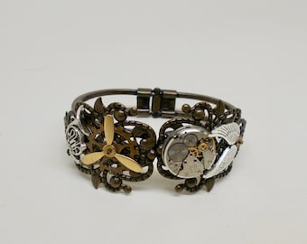 Steampunk Cuff Bracelet: Clock Gears, Victorian Brass Filigree