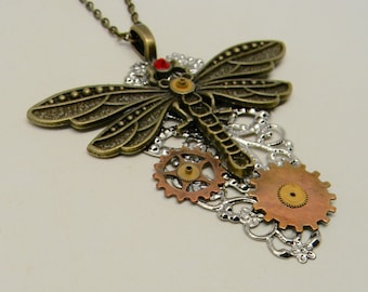 Steampunk necklace. Steampunk dragon fly pendant.