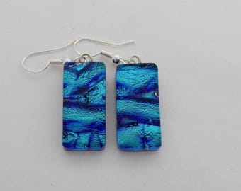 Dichroic Glass Drop Earrings: Fused Black & Clear Glass