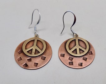 Mixed metal jewelry. Copper brass earrings. Steampunk jewelry earrings.Peace sign earrings.