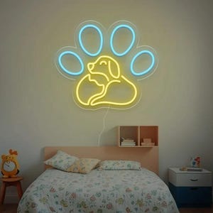 Insegna al neon con impronta di zampa - Applique a LED gialla e blu per cameretta dei bambini, amanti degli animali, cameretta dei bambini, sala giochi, decorazioni al neon con animali