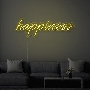 Insegna al neon Happiness - Applique a LED gialla per soggiorno, camera da letto, ufficio, salotto, insegna al neon con citazione personalizzata