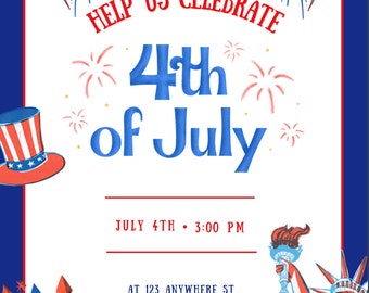 Puede incluir: Una invitación blanca con acentos azules y rojos. La invitación dice "Help Us Celebrate 4th of July" con fuegos artificiales e imágenes patrióticas. La invitación incluye la fecha y la hora del evento, la dirección y la información de RSVP.