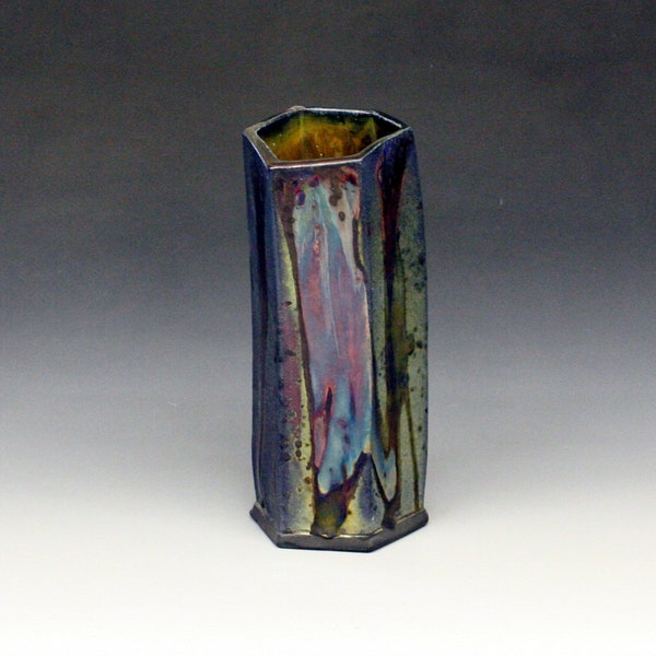 Metallic and Iridescent Hexagonal Raku Vase