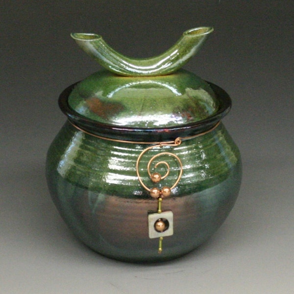 Emerald Copper Raku Urn or Lidded Pot