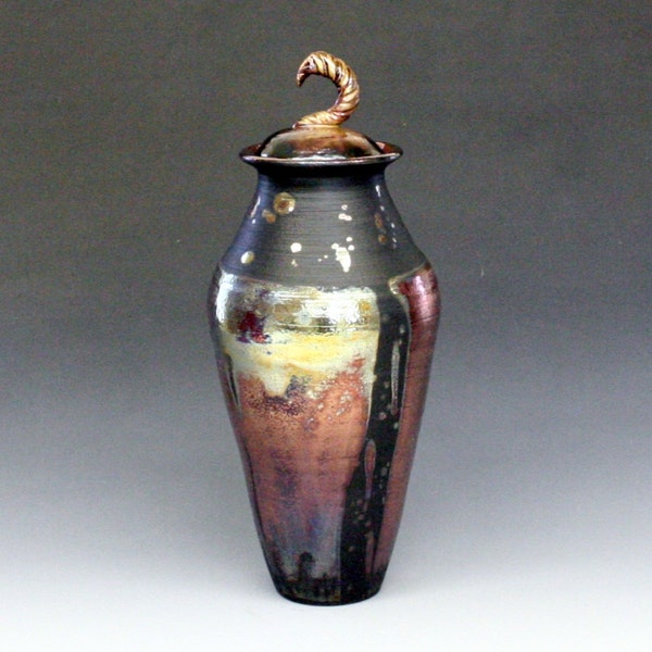 Copper and Black Metallic Raku Urn or Lidded Vase