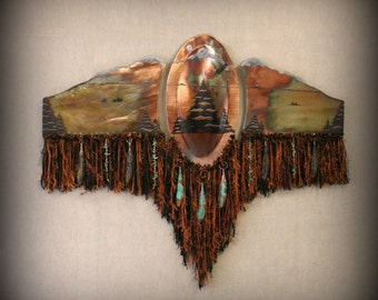 Raku Mixed Media Wall Piece, Large with Eagle, Evergreens, Mountains Copper, Gold Metallic and Iridescent Colors