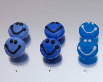 Lampwork glass beads - Smile :-) in shades of blue. Lampwork by Jennie Yip