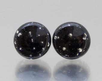 Stud earrings - Shimmer in black and silver. Lampwork glass and sterling silver, by Jennie Yip