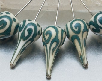 Glass head pins - Helix teardrops in ivory and green on sterling silver wire. Lampwork by Jennie Yip