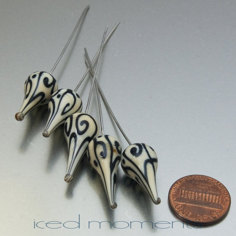 Glass Headpins Helix teardrops in ivory and black on sterling silver wire. Lampwork by Jennie Yip image 5
