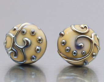 Stud earrings - Line Art in opal yellow and silver. Lampwork glass and sterling silver, by Jennie Yip