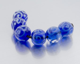 Lampwork bead set: Helix in blues. Lampwork by Jennie Yip
