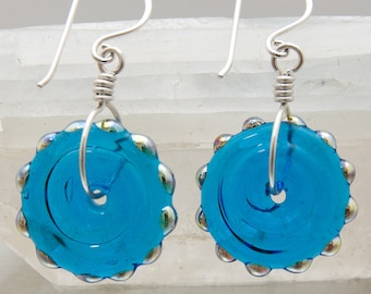 Earrings - Disco in aquamarine and silver. Lampwork glass and sterling silver,  by Jennie  Yip